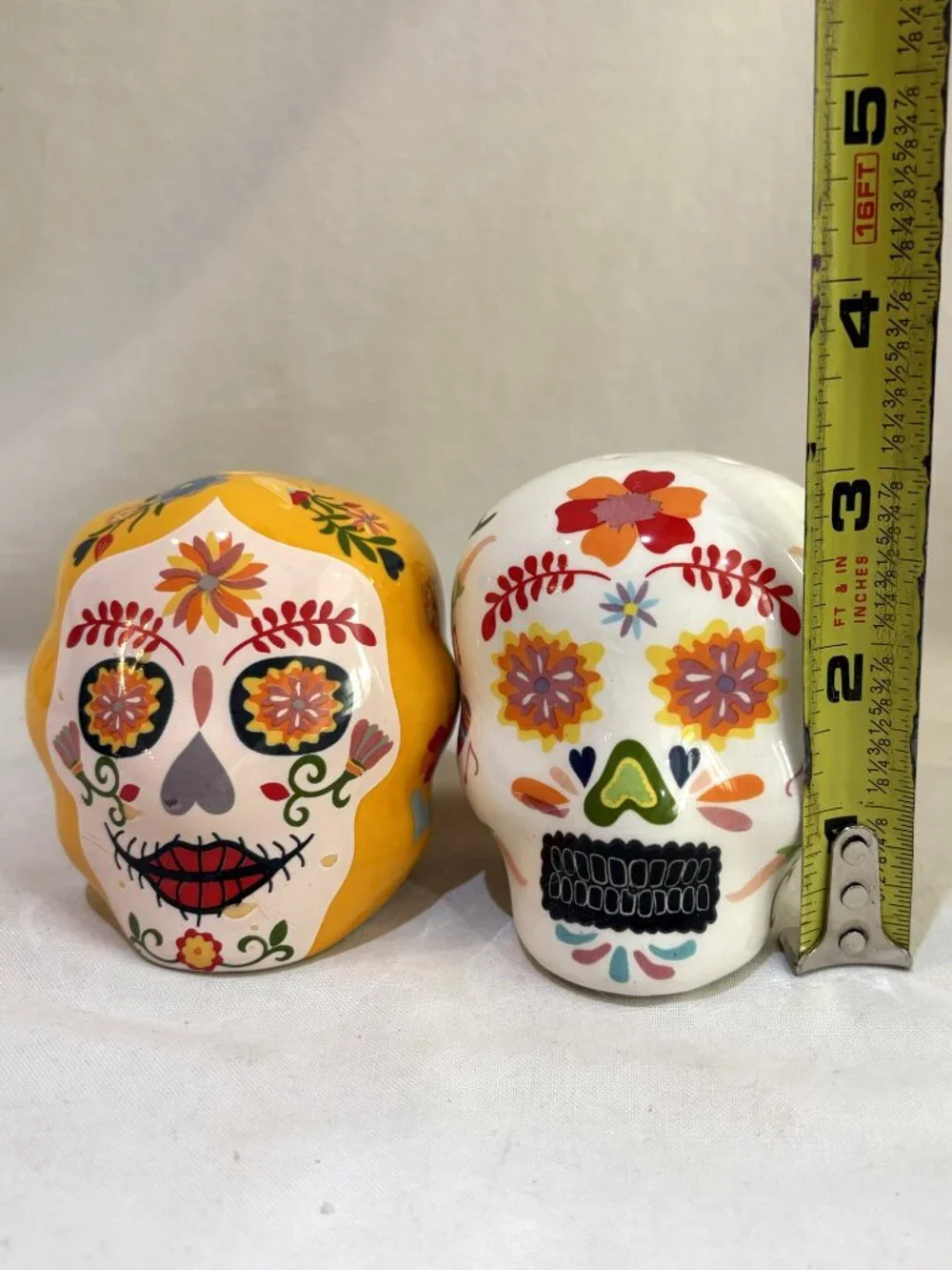 Hand Painted Ceramic Sugar Skull Salt & Pepper Shaker Set Day of the Dead